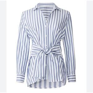 Charli 6 Sabine Vertical Stripe Tie Waist Shirt White Navy Cotton Long Sleeves